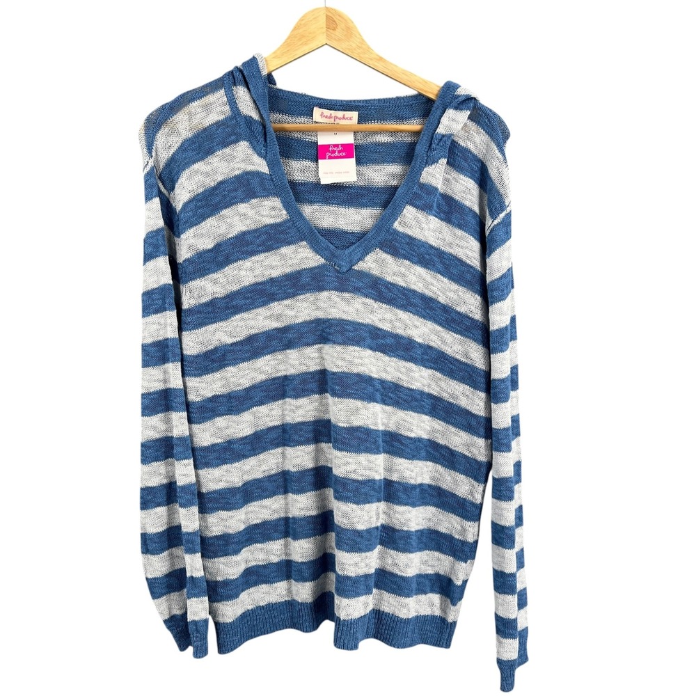 Fresh Produce Lightweight Sweater XS/S Blue Stripe V Neck Hooded Los Cabos New